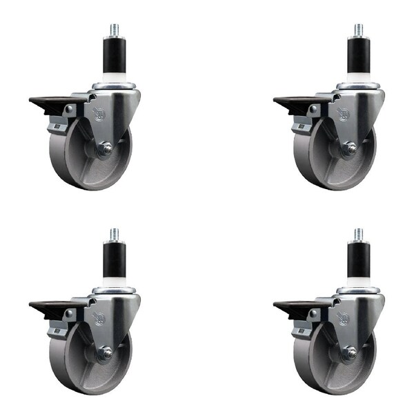 Service Caster 4'' Semi Steel Swivel 1-3/8'' Expanding Stem Caster Set with Brake, 4PK SCC-EX20S414-SSS-PLB-138-4 - main